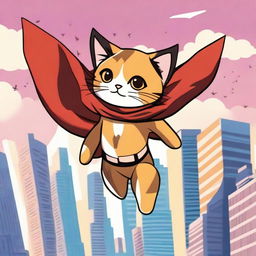 A super neko, a superhero cat, flying through the sky with a cape fluttering behind