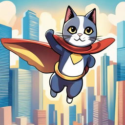 A super neko, a superhero cat, flying through the sky with a cape fluttering behind