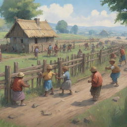 Illustration of a group of determined villagers working cohesively to construct protective barriers, with some dutifully standing guard