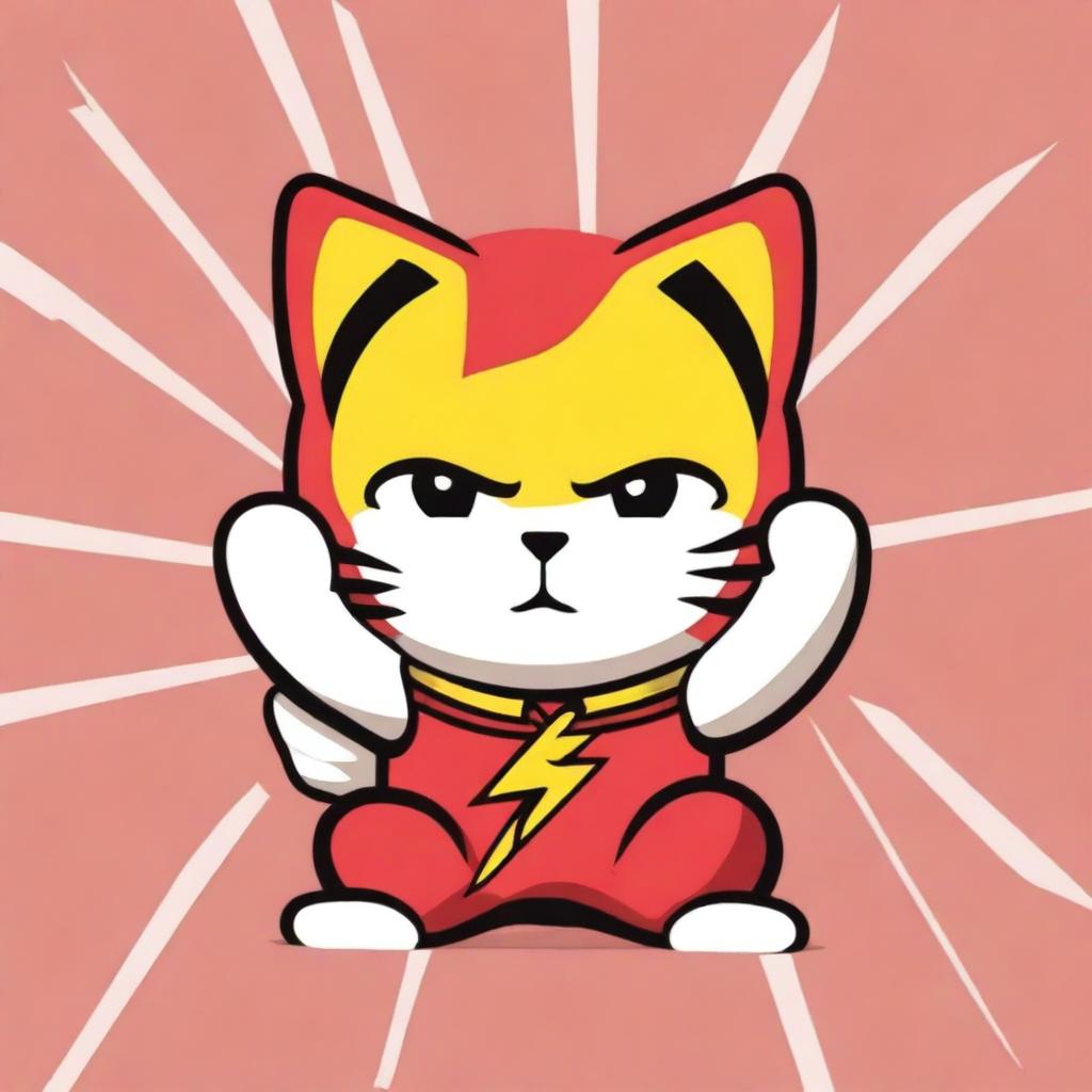 A maneki neko, the Japanese lucky cat, dressed in a costume of The Flash, the famous superhero, but with a twist: the costume features a prominent 'N' logo instead of the usual lightning bolt