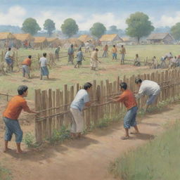 Illustration of a group of determined villagers working cohesively to construct protective barriers, with some dutifully standing guard