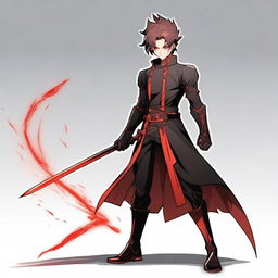 A character in a powerful stance, dressed in black and red clothing, with glowing red eyes and medium-length hair that is a mix of black and red