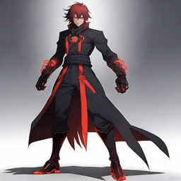 A character in a powerful stance, dressed in black and red clothing, with glowing red eyes and medium-length hair that is a mix of black and red