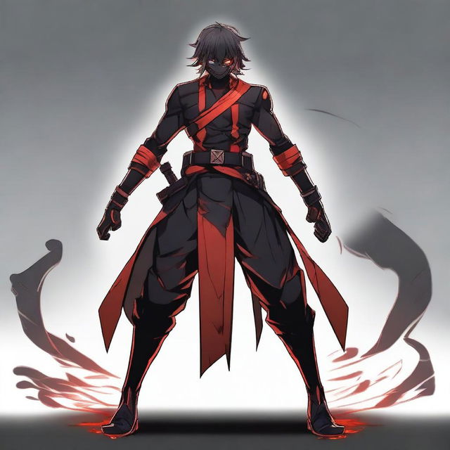 A character in a powerful stance, dressed in black and red clothing, with glowing red eyes and medium-length hair that is a mix of black and red