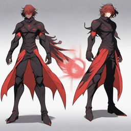 A character in a powerful stance, dressed in black and red clothing, with glowing red eyes and medium-length hair that is a mix of black and red