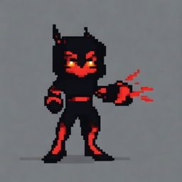 A character in a powerful stance, dressed in black and red clothing, with glowing red eyes and medium-length hair that is a mix of black and red, depicted in pixel art style