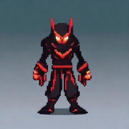 A character in a powerful stance, dressed in black and red clothing, with glowing red eyes and medium-length hair that is a mix of black and red, depicted in pixel art style