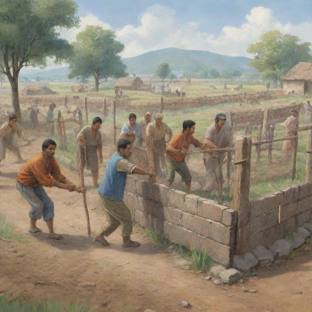 Illustration of a group of determined villagers working cohesively to construct protective barriers, with some dutifully standing guard