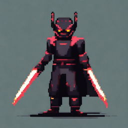 A character in a powerful stance, dressed in black and red clothing, with glowing red eyes and medium-length hair that is a mix of black and red, depicted in pixel art style