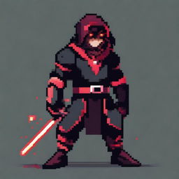 A character in a powerful stance, dressed in black and red clothing, with glowing red eyes and medium-length hair that is a mix of black and red, depicted in pixel art style