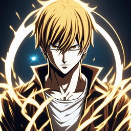 HD profile picture of Light Yagami from Death Note as a Super Saiyan in a circular format, featuring spiky golden hair and a powerful aura