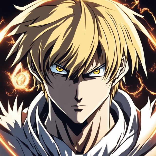 HD profile picture of Light Yagami from Death Note as a Super Saiyan in a circular format, featuring spiky golden hair and a powerful aura