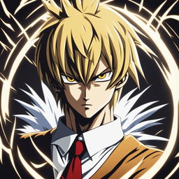 HD profile picture of Light Yagami from Death Note as a Super Saiyan in a circular format, featuring spiky golden hair and a powerful aura