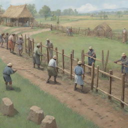 Illustration of a group of determined villagers working cohesively to construct protective barriers, with some dutifully standing guard