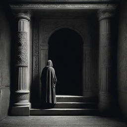 Veiled in shadows, a lone figure ascends a dimly lit staircase, his face obscured, leaving his intentions ambiguous