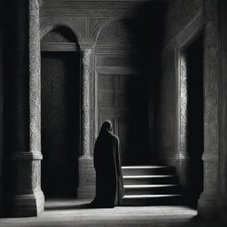 Veiled in shadows, a lone figure ascends a dimly lit staircase, his face obscured, leaving his intentions ambiguous