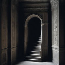 Veiled in shadows, a lone figure ascends a dimly lit staircase, his face obscured, leaving his intentions ambiguous