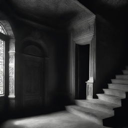 Veiled in shadows, a lone figure ascends a dimly lit staircase, his face obscured, leaving his intentions ambiguous