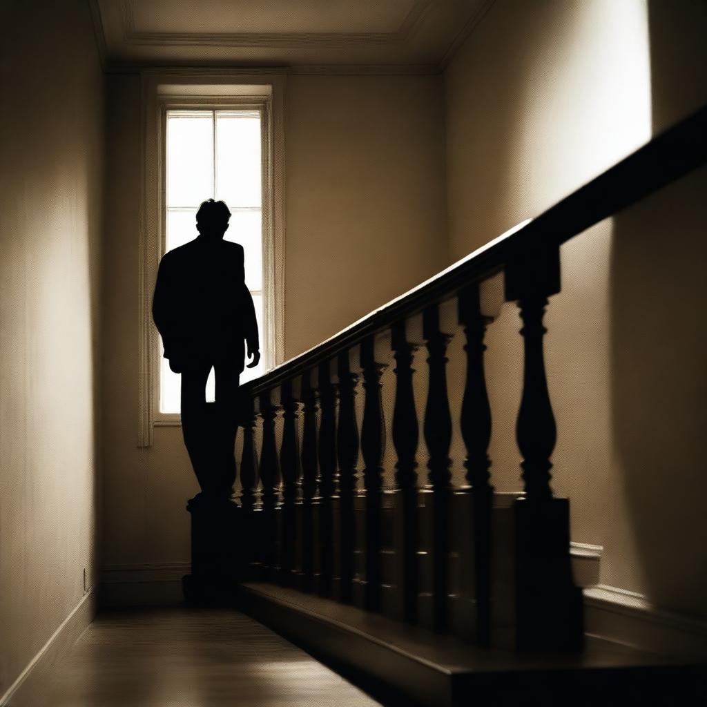 A mysterious figure with a killer and thriller look is walking up the stairs in an apartment