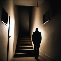 A mysterious figure with a killer and thriller look is walking up the stairs in an apartment