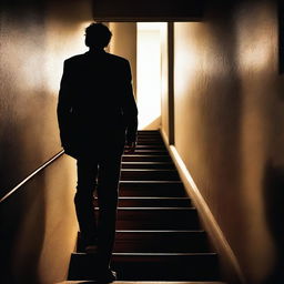 A mysterious figure with a killer and thriller look is walking up the stairs in an apartment