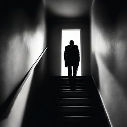 A mysterious figure with a killer and thriller look is walking up the stairs in an apartment