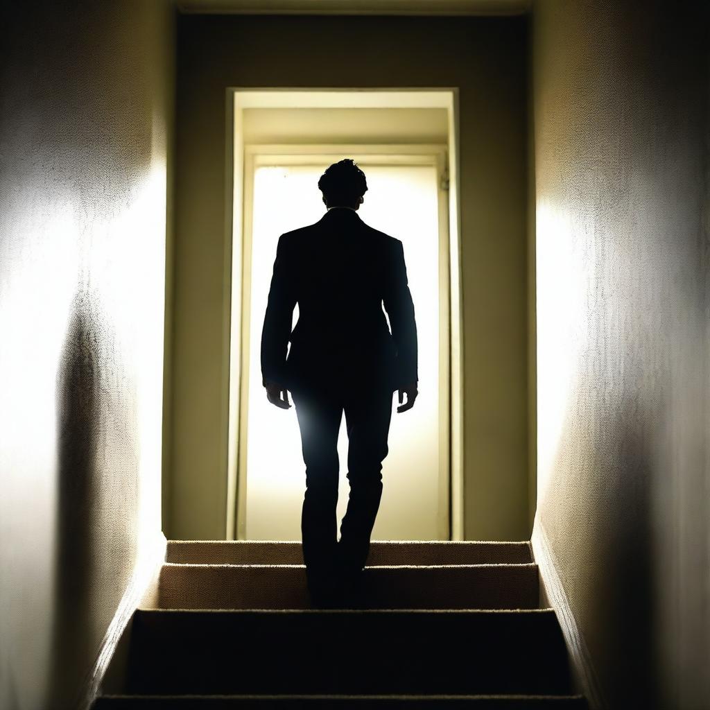 A handsome and sexy young man with a mysterious, killer, and thriller look is walking up the stairs in an apartment