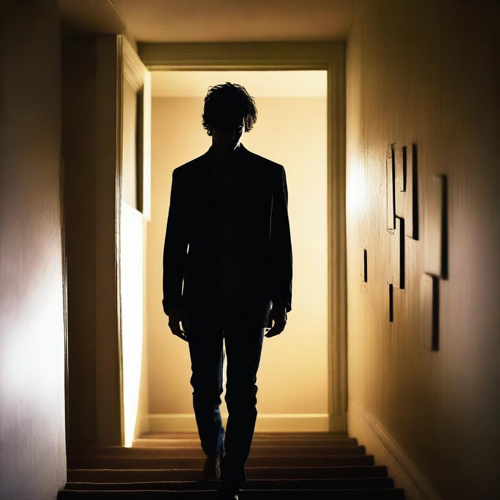 A handsome and sexy young man with a mysterious, killer, and thriller look is walking up the stairs in an apartment