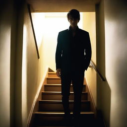 A handsome and sexy young man with a mysterious, killer, and thriller look is walking up the stairs in an apartment