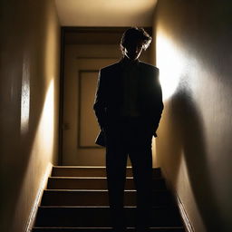 A handsome and sexy young man with a mysterious, killer, and thriller look is walking up the stairs in an apartment