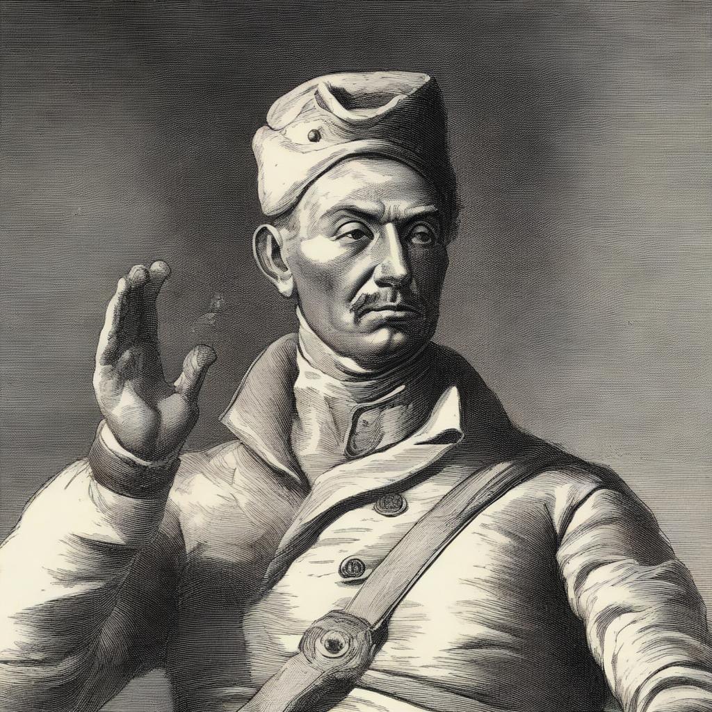 Captain Richard Swayne from the Cork Militia, notorious for inventing the pitch cap torture, is depicted