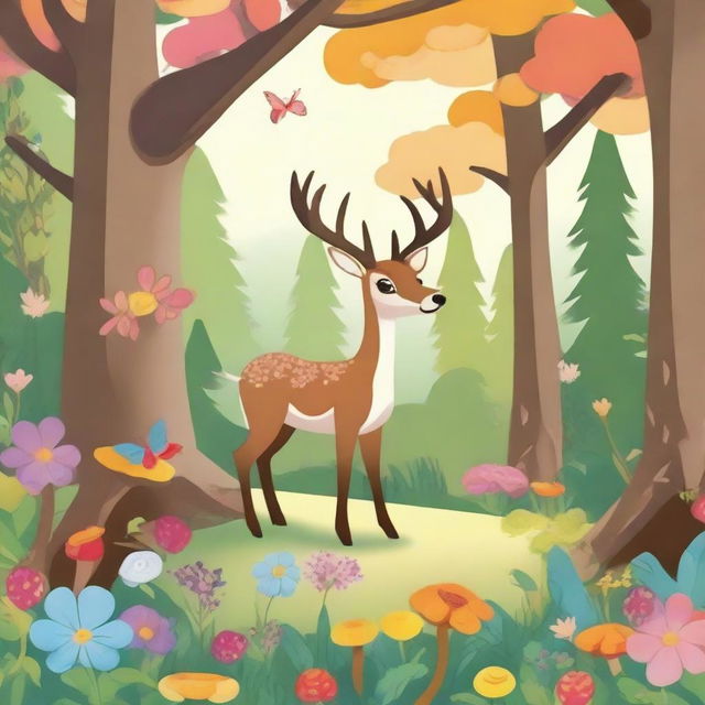 A serene forest scene with a deer with antlers standing in a clearing