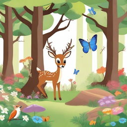 A serene forest scene with a deer with antlers standing in a clearing