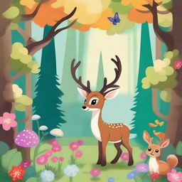 A serene forest scene with a deer with antlers standing in a clearing