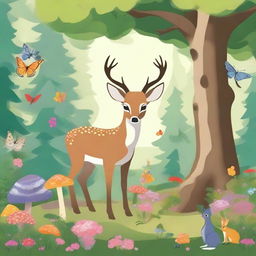 A serene forest scene with a deer with antlers standing in a clearing