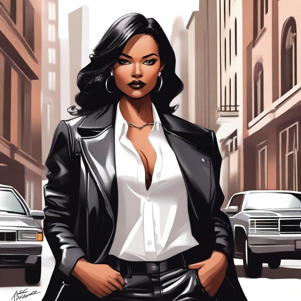 A detailed illustration of Allegra Cole wearing a stylish leather outfit