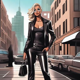 A detailed illustration of Allegra Cole wearing a stylish leather outfit