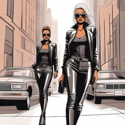 A detailed illustration of Allegra Cole wearing a stylish leather outfit