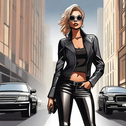 A detailed illustration of Allegra Cole wearing a stylish leather outfit