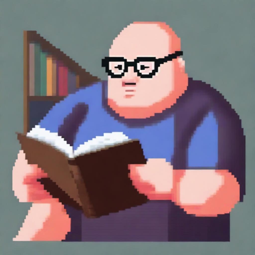 A bald, overweight man wearing glasses is reading a book