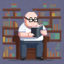 A bald, overweight man wearing glasses is reading a book