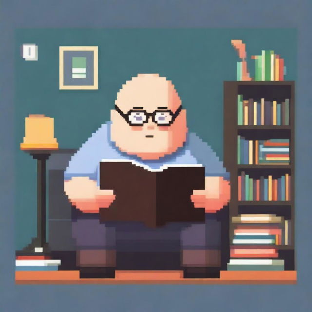 A bald, overweight man wearing glasses is reading a book