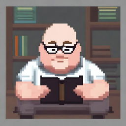 A bald, overweight man wearing glasses is reading a book