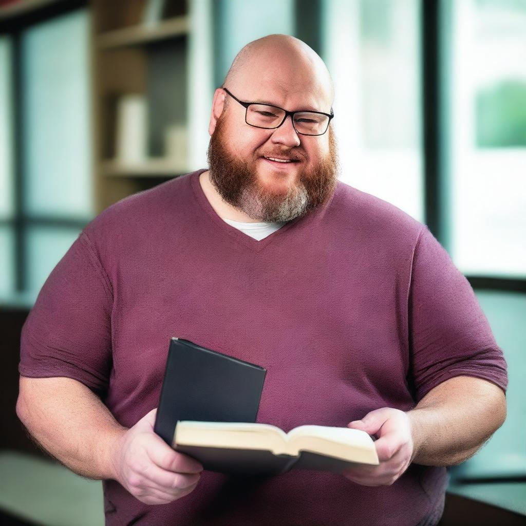 A bald, overweight man with glasses and a beard is showing a book