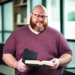 A bald, overweight man with glasses and a beard is showing a book