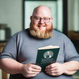 A bald, overweight man with glasses and a beard is showing a book