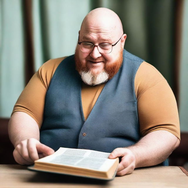 A bald, overweight man with glasses and a beard is showing a book