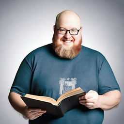 A bald, overweight man with glasses and a beard is showing a book