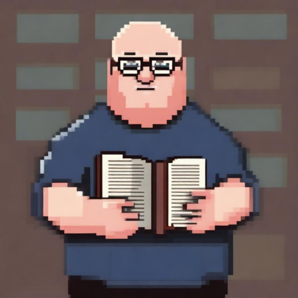 A bald, overweight man with square glasses holding up a book