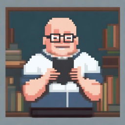 A bald, overweight man with square glasses holding up a book